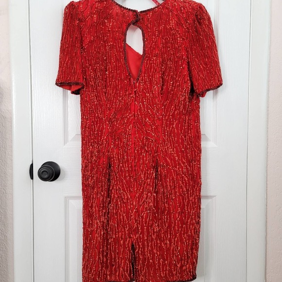 Vintage Sténay Red Beaded Open Back Midi Short Silk Shell Dress Size XL - Picture 6 of 7